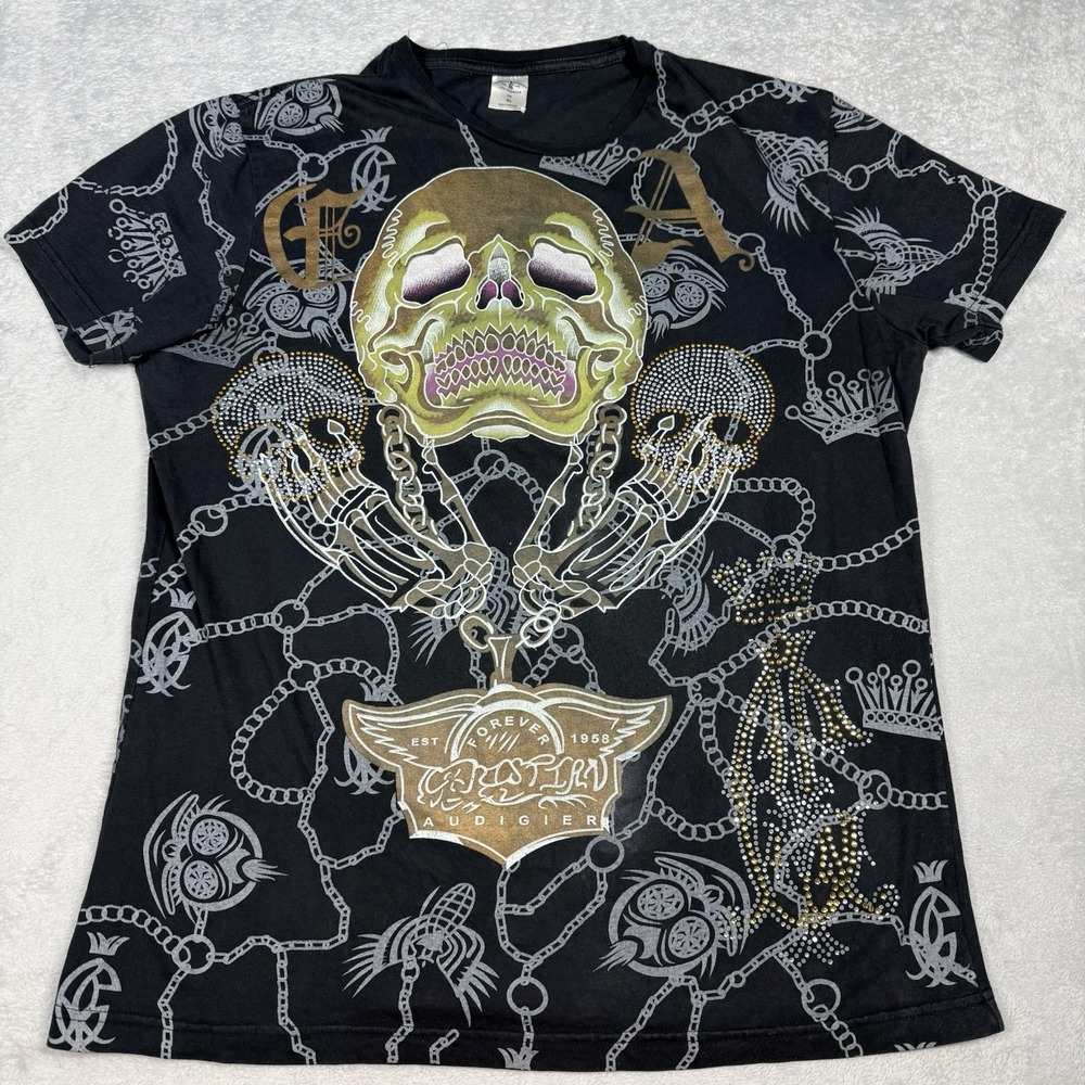 Christian Audigier Shirt Womens XL Black All Over Print Gold Rhinestones Skull